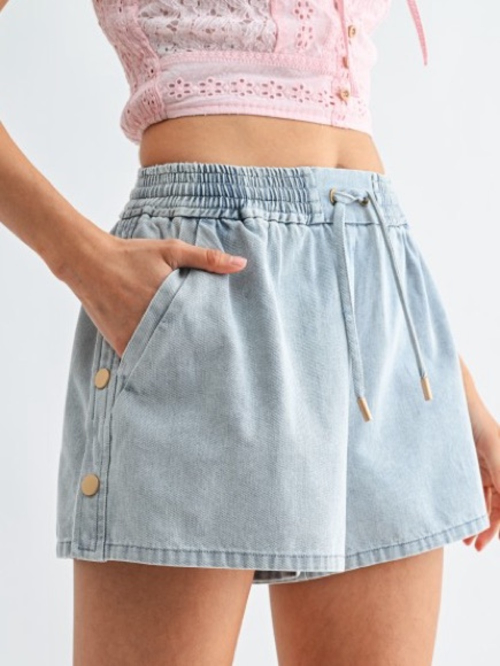 Camellia Blue Cotton Drawstring Shorts